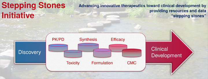 NCI Stepping Stones Initiative: Advancing innovative drug leads toward clinical development by providing resources and data 'stepping stones.' An arrow from Discovery to Clinical Development, connected by stepping stones: PK/PD, Toxicity, Synthesis, Formulation, Efficacy, CMC